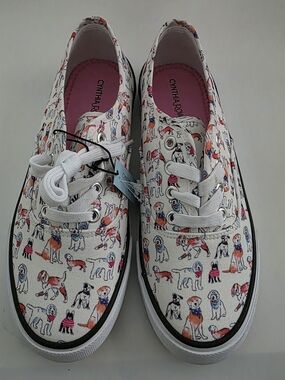 Cynthia Rowley White Canvas Dog Print Sneakers,size 8